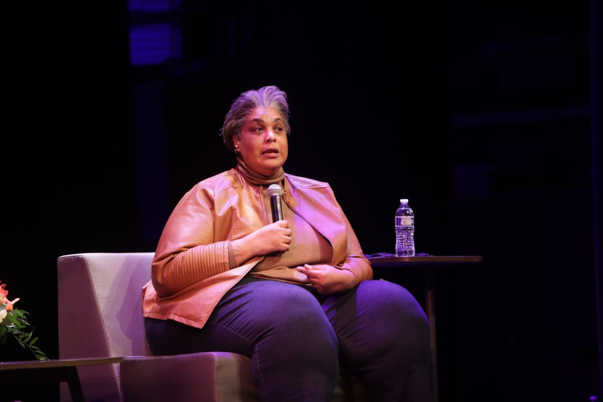 Roxane Gay speaks as a keynote speaker during at the 2024 Emma Goldman Choice Event at the Englert Theatre in Iowa City on Saturday, Feb. 3, 2024. Gay is a feminist writer, professor, and editor. 
