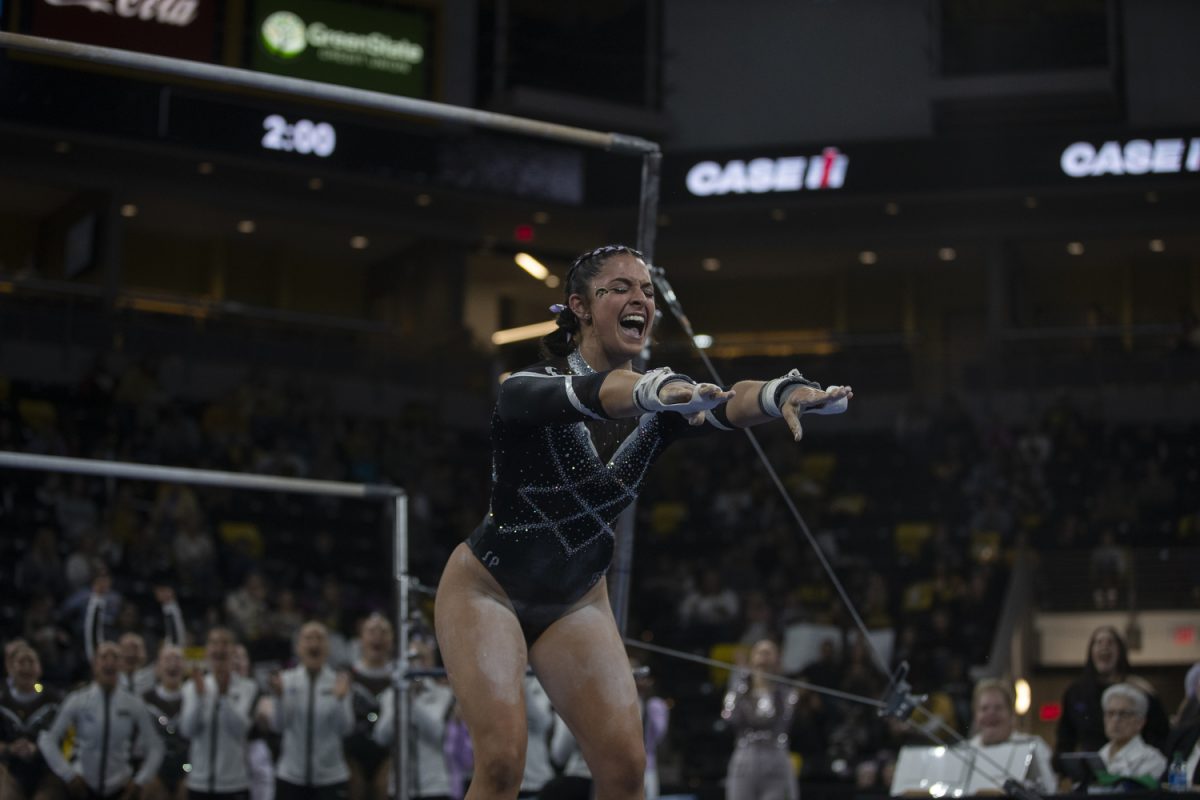 Iowa gymnast Gianna Masella sticks the landing from beam during a gymnastics meet between No. 27. University of Iowa and No. 26 University of Nebraska at Xtream Arena on Sunday, Feb. 4, 2024. The Cornhuskers defeated the Hawkeyes, 196.5- 195.725.