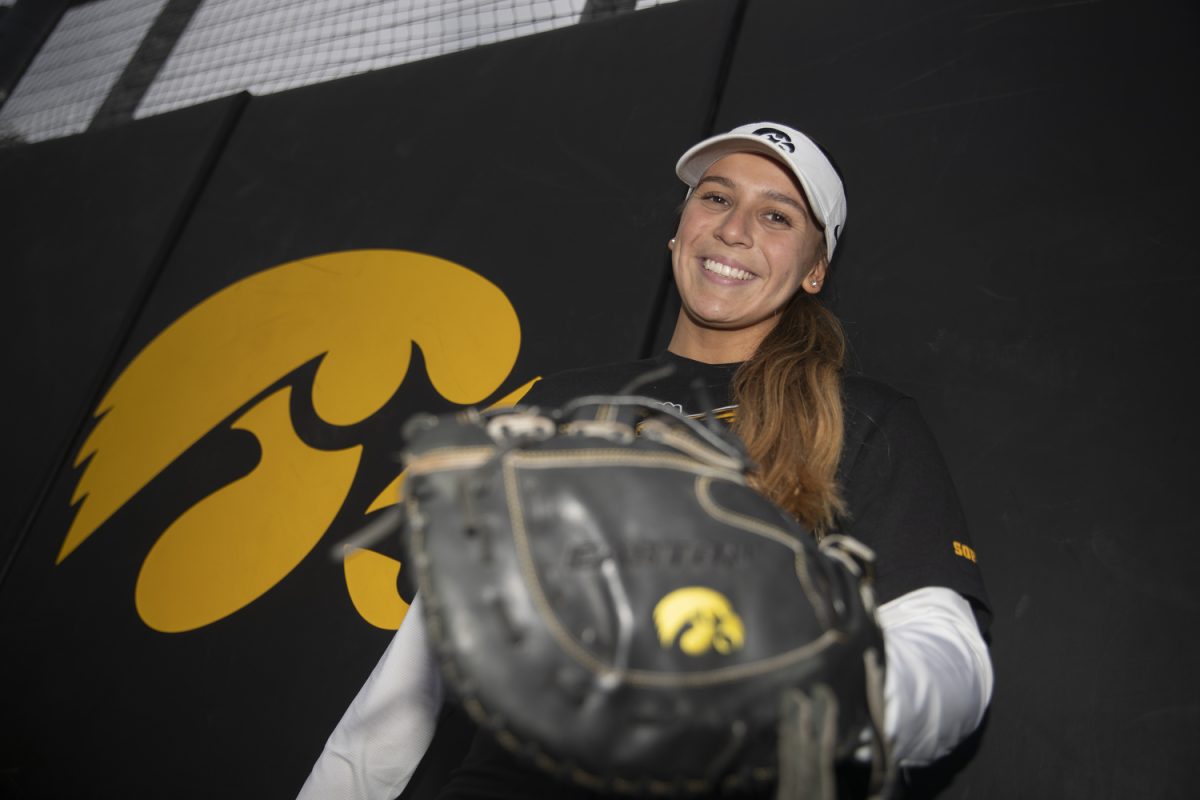 Iowa outfielder Tatianna Roman poses for a portrait  during Iowa softball media day at Bob Pearl Field on Wednesday, Feb. 7, 2024. The Iowa softball team answered questions from media and held an open practice.