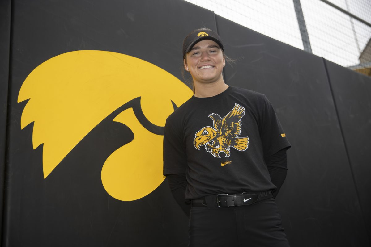 Iowa infielder Jena Young poses for a portrait during Iowa softball media day at Bob Pearl Field on Wednesday, Feb. 7, 2024. The Iowa softball team answered questions from media and held an open practice.