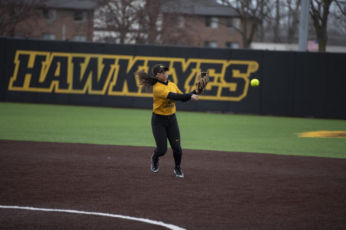 Iowa infielder Grace Banes practices during Iowa softball media day at Bob Pearl Field on Wednesday, Feb. 7, 2024. The Iowa softball team answered questions from media and held an open practice.