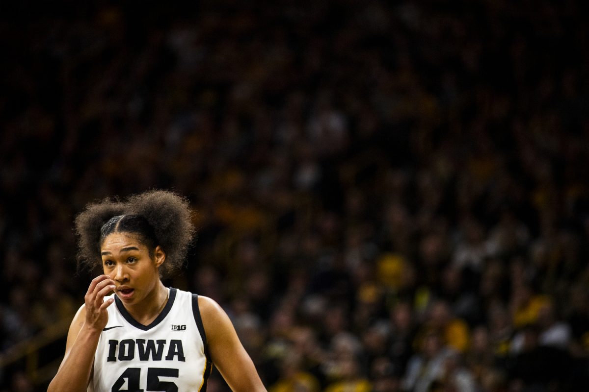 Iowa forward Hannah Stuelke catches her breath during a basketball game between No. 2 Iowa and Penn State at Carver-Hawkeye Arena in Iowa City on Thursday Feb. 8, 2024. Stuelke scored a career high of 47 points. The Hawkeyes defeated the Nittany Lions, 111-93.