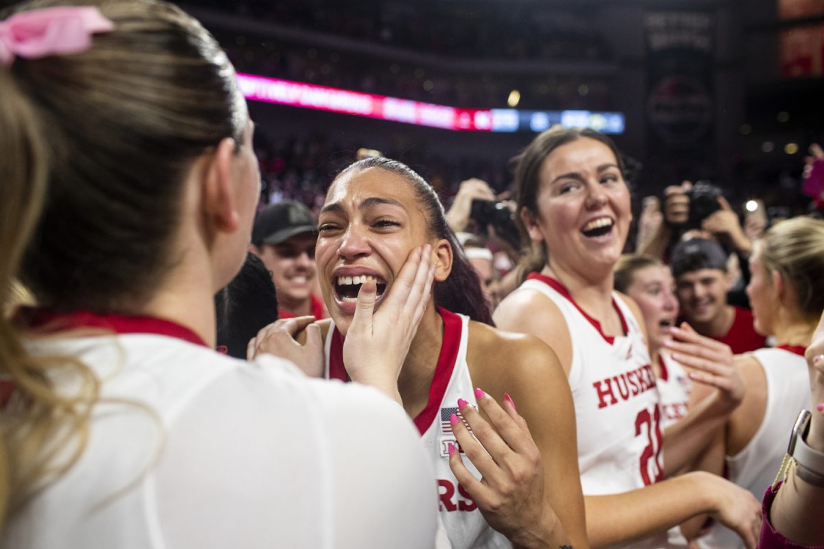 Nebraska guard Kendall Coley celebrates with teammates following a women’s basketball game between No. 2 Iowa and Nebraska at Pinnacle Bank Arena in Lincoln, Neb., on Sunday, Feb. 10, 2024. Coley had one rebound and one steal. The Cornhuskers defeated the Hawkeyes, 82-79.