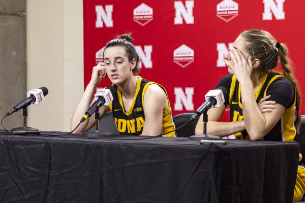 Iowa guard Caitlin Clark and Iowa guard Kate Martin answer questions from the media after a women’s basketball game between No. 2 Iowa and Nebraska at Pinnacle Bank Arena in Lincoln, Neb., on Sunday, Feb. 11, 2024. Clark ended the game eight points shy of breaking the womens NCAA record for most points scored in a collegiate career. The Cornhuskers defeated the Hawkeyes, 82-79.
