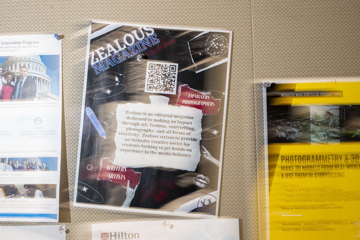 A poster for the Zealous Magazine is seen in the Adler Journalism building on Monday, Feb. 19, 2024.