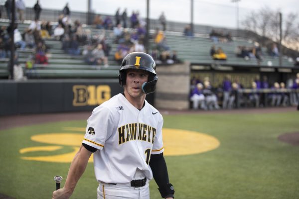 Iowas Ben Wilmes looks to the crowd during a baseball game between No. 18 Iowa and Loras College at Duane Banks Field on Tuesday, Feb. 20, 2024. The Hawkeyes defeated the Duhawks, 20-6.