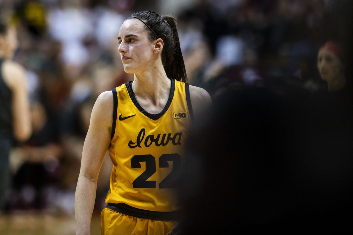 Iowa guard Caitlin Clark looks at the sideline during a women’s basketball game between No. 4 Iowa and No. 14 Indiana at Simon Skjodt Assembly Hall in Bloomington, Ind. on Thursday, Feb. 22, 2024. The Hoosiers lead the Hawkeyes, 44-33. (Cody Blissett/The Daily Iowan)