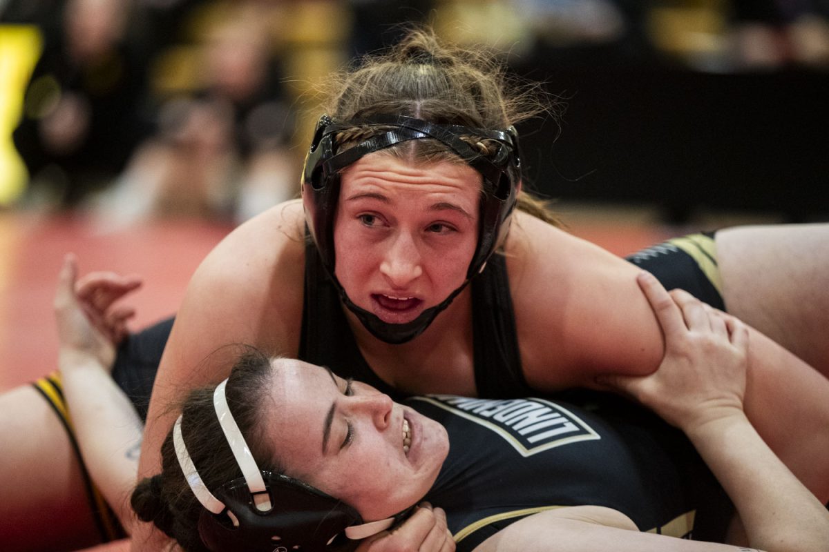 Iowa%E2%80%99s+No.+1+170-pound+Kylie+Welker+wrestles+Lindenwood%E2%80%99s+Katt+Mossinghoff+during+the+NCWWC+Regionals+at+Cowles+Fieldhouse+in+Indianola%2C+Iowa%2C+on+Friday%2C+Feb.+23%2C+2024.+The+Hawkeyes+advanced+all+15+wrestlers+to+the+national+championships+and+led+the+team+race+with+222+points.+Welker+defeated+Mossinghoff+by+fall%2C+0%3A26.