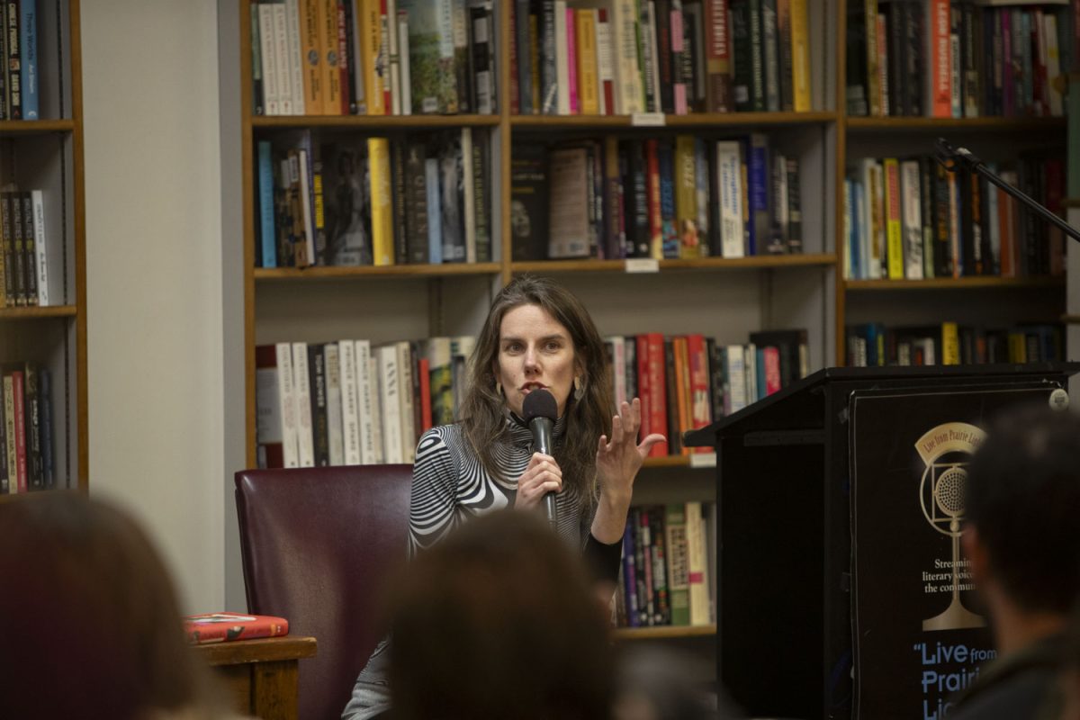Leslie Jamison answers audience questions on her newest novel, Splinters: Another Kind of Love Story, during a panel at Prairie Lights bookstore in Iowa City on Wednesday, February. 28, 2024.