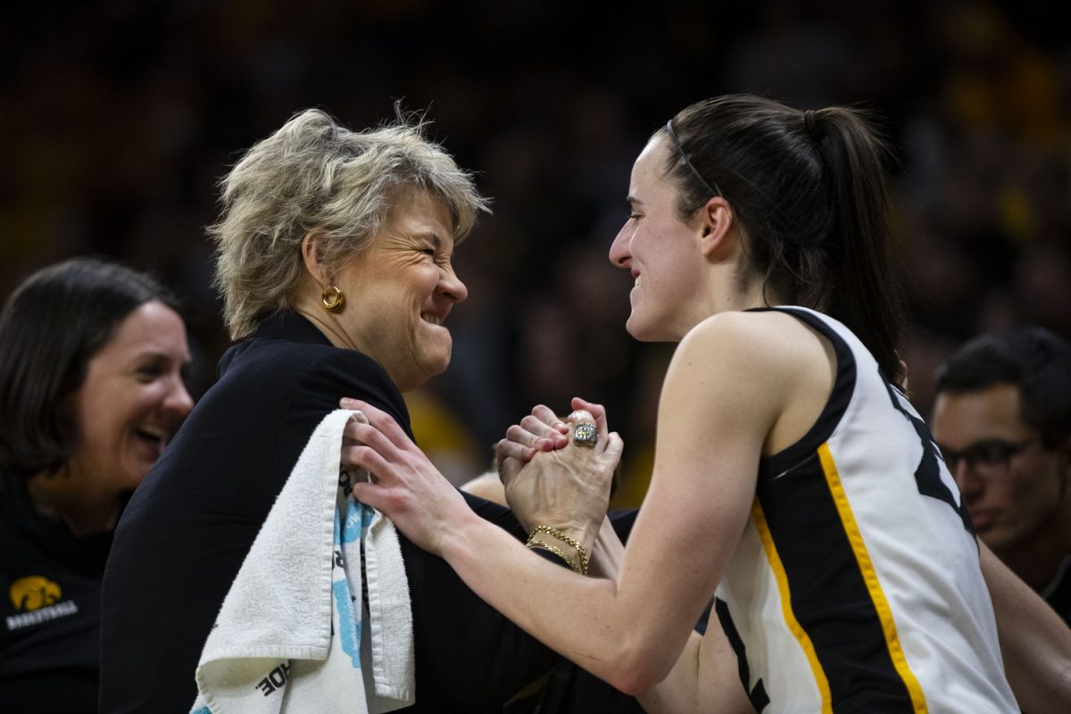 Iowa+head+coach+Lisa+Bluder+and+Iowa+guard+Caitlin+Clark+celebrate+a+win+after+a+women%E2%80%99s+basketball+game+between+No.+3+Iowa+and+No.+14+Indiana+at+Carver-Hawkeye+Arena+in+Iowa+City+on+Saturday%2C+Jan.+13%2C+2024.+The+Hawkeyes+defeated+the+Hoosiers%2C+84-57.