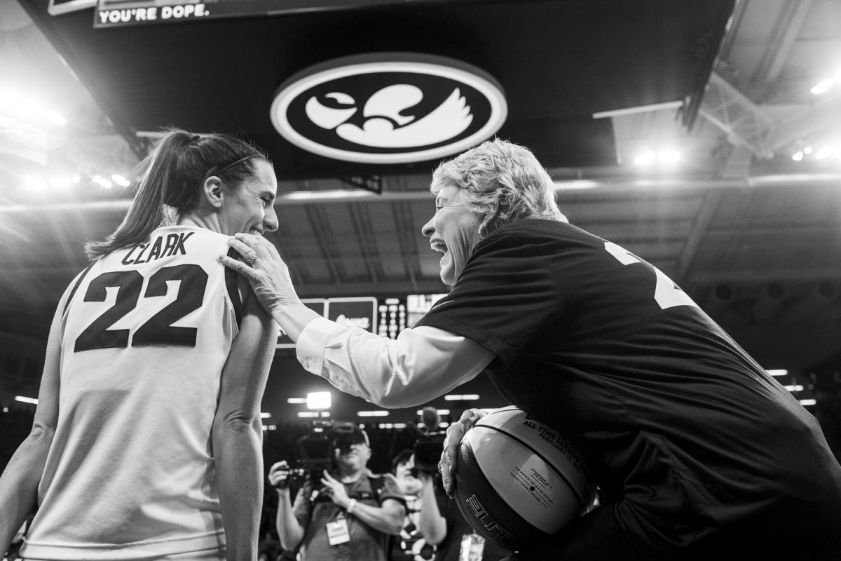 Iowa guard Caitlin Clark and head coach Lisa Bluder interact during a post-game celebration following a women’s basketball game between No. 2 Iowa and Michigan at Carver-Hawkeye Arena on Thursday, Feb. 15, 2024. The Hawkeyes defeated the Wolverines, 106-89.