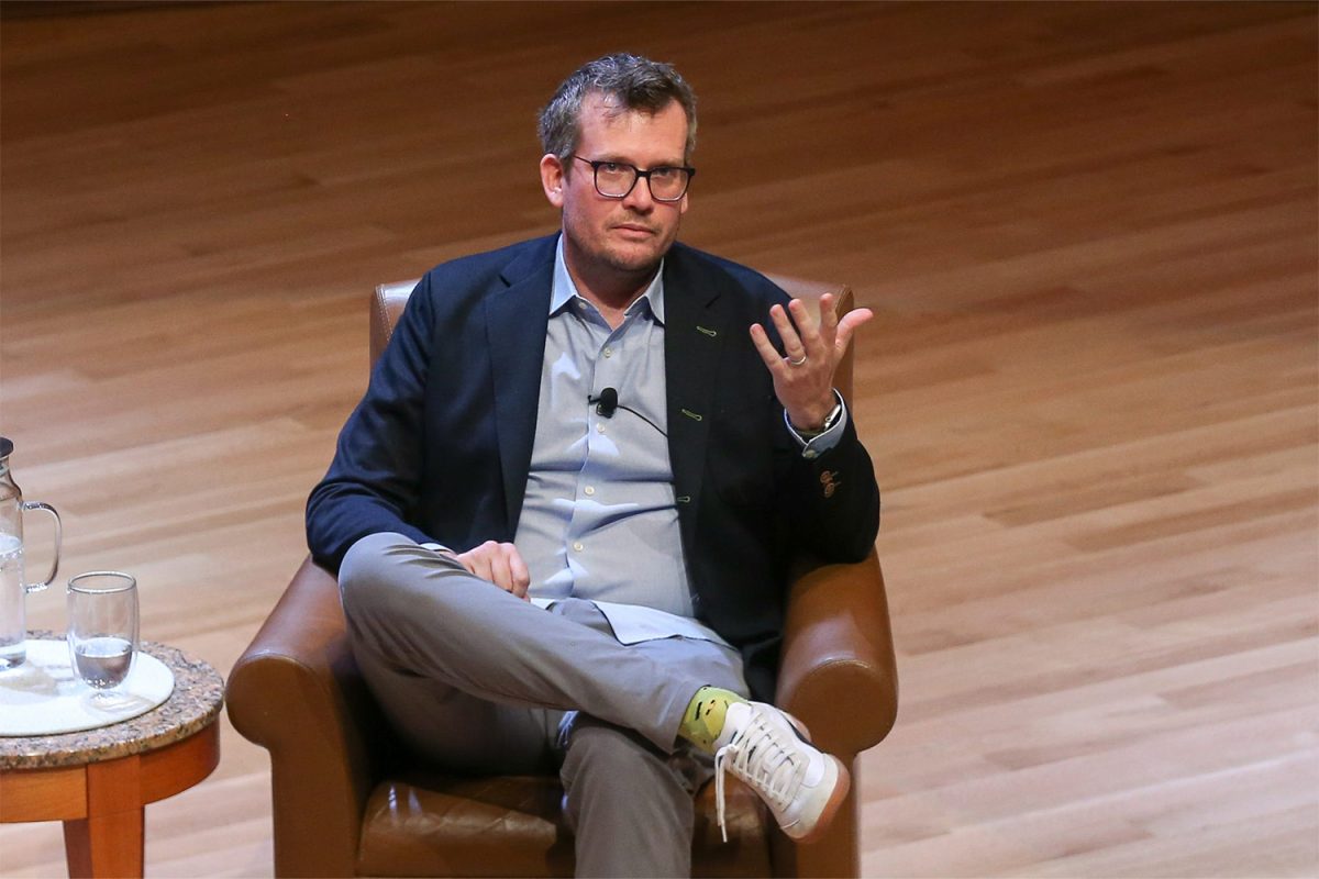 Bestselling author and Indianapolis resident John Green expresses his thoughts on libraries banning books as the Indianapolis Public Library kicked off national Banned Books Week with a discussion on Oct 2, 2023, at the Indianapolis Central Branch Public Library.