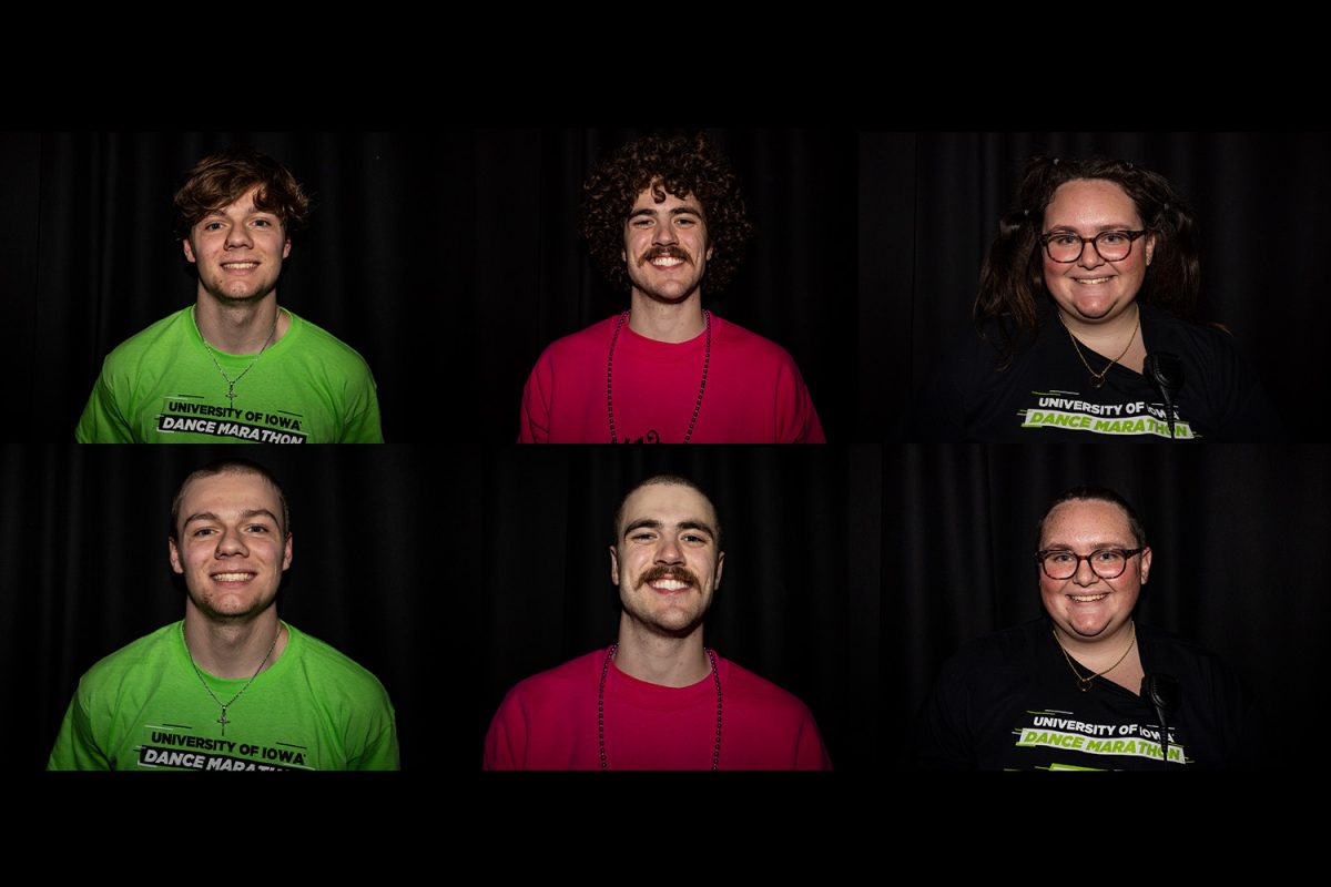 Jonny Burns, Logan Ehrecke, and Tess Haug pose for portraits before and after shaving their heads during the University of Iowa’s 30th Dance Marathon at the Iowa Memorial Union in Iowa City on Saturday, Feb. 3, 2024. Dancers raised $1,454,929.30 for the Stead Family Childrens Hospital. 
