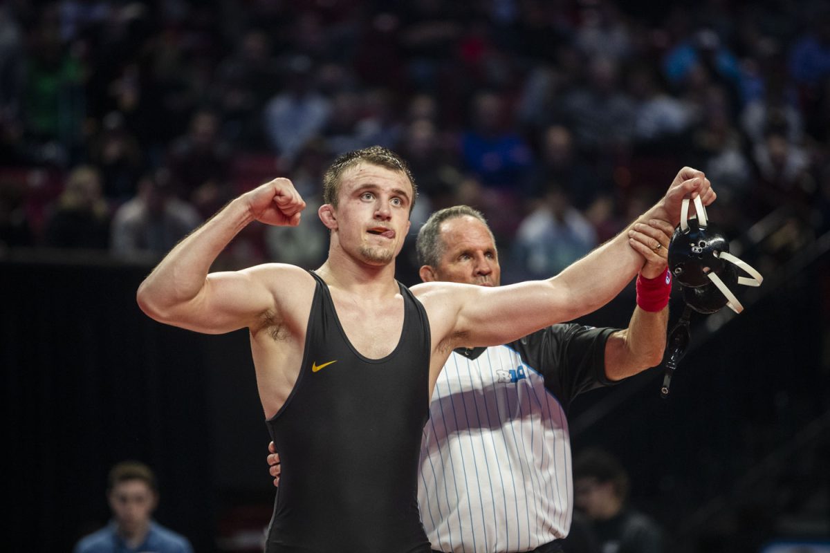 No. 3 197-pound Iowa’s Zach Glazier defeats No. 2 Marylands Jaxon Smith for a spot in the championship during session two of the Big Ten Wrestling Championships at the Xfinity Center in College Park, MD, on Saturday, March 9, 2024.