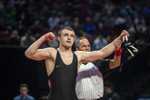 No. 3 197-pound Iowa’s Zach Glazier defeats No. 2 Marylands Jaxon Smith for a spot in the championship during session two of the Big Ten Wrestling Championships at the Xfinity Center in College Park, MD, on Saturday, March 9, 2024.
