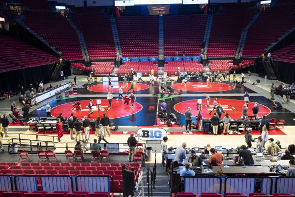 Wrestlers warm up before the mens Big Ten Wrestling Championships at the Xfinity Center in College Park, MD, on Saturday, March 9, 2024.  
