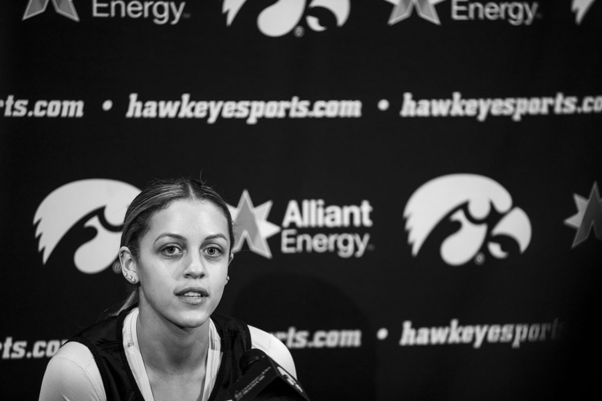 Iowa guard Gabbie Marshall listens to a question during a Iowa women’s basketball press conference for seniors at Carver-Hawkeye Arena on Friday, March 1, 2024. 