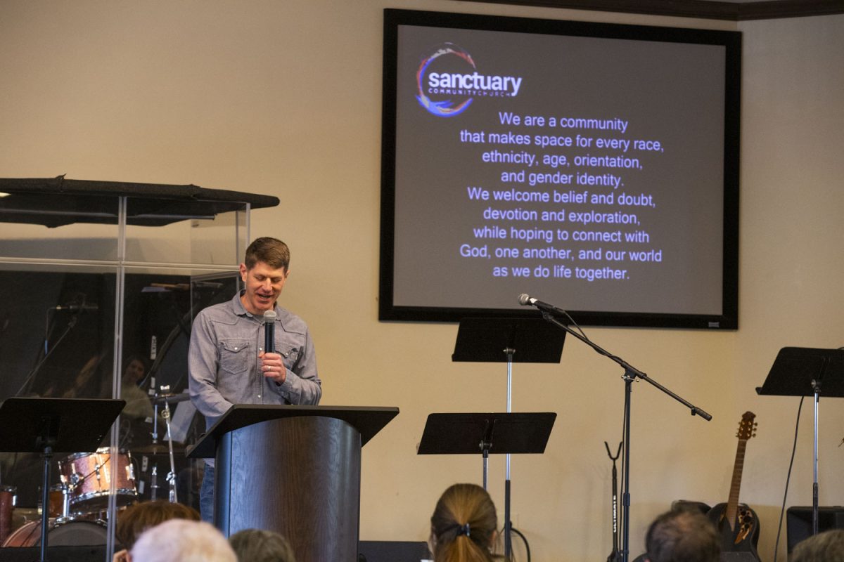 A+church+leader+speaks+during+a+service+at+Sanctuary+Community+Center%2C+a+church+in+Coralville%2C+on+Sunday%2C+March+3%2C+2024.+Adey+and+Tom+Wassink+are+pastors+who+advocate+for+women%E2%80%99s+rights+and+LGBTQ%2B+rights+within+their+organization.