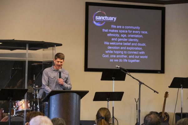 A church leader speaks during a service at Sanctuary Community Center, a church in Coralville, on Sunday, March 3, 2024. Adey and Tom Wassink are pastors who advocate for women’s rights and LGBTQ+ rights within their organization.