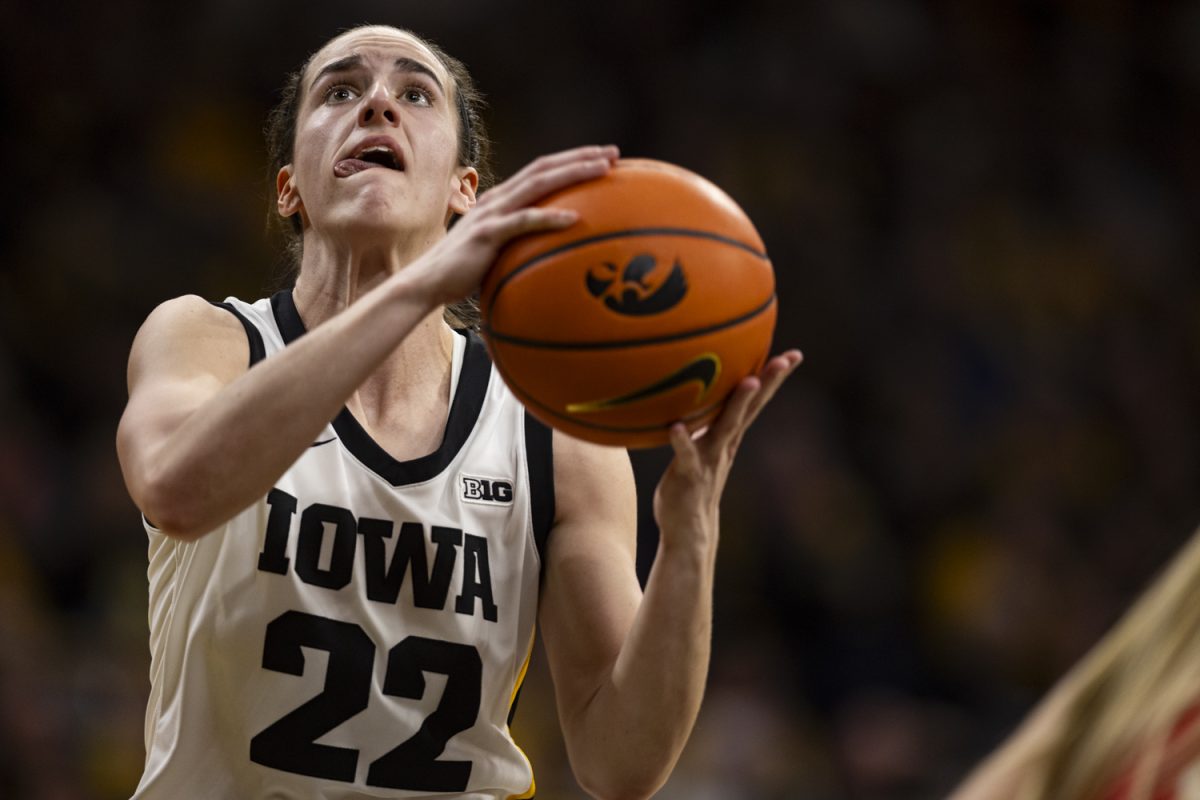 Iowa guard Caitlin Clark goes in for a layup during a basketball game between No. 6 Iowa and No. 2 Ohio State at Carver-Hawkeye Arena on Sunday, March 3, 2024. The Hawkeyes defeated the Buckeyes, 93-83.