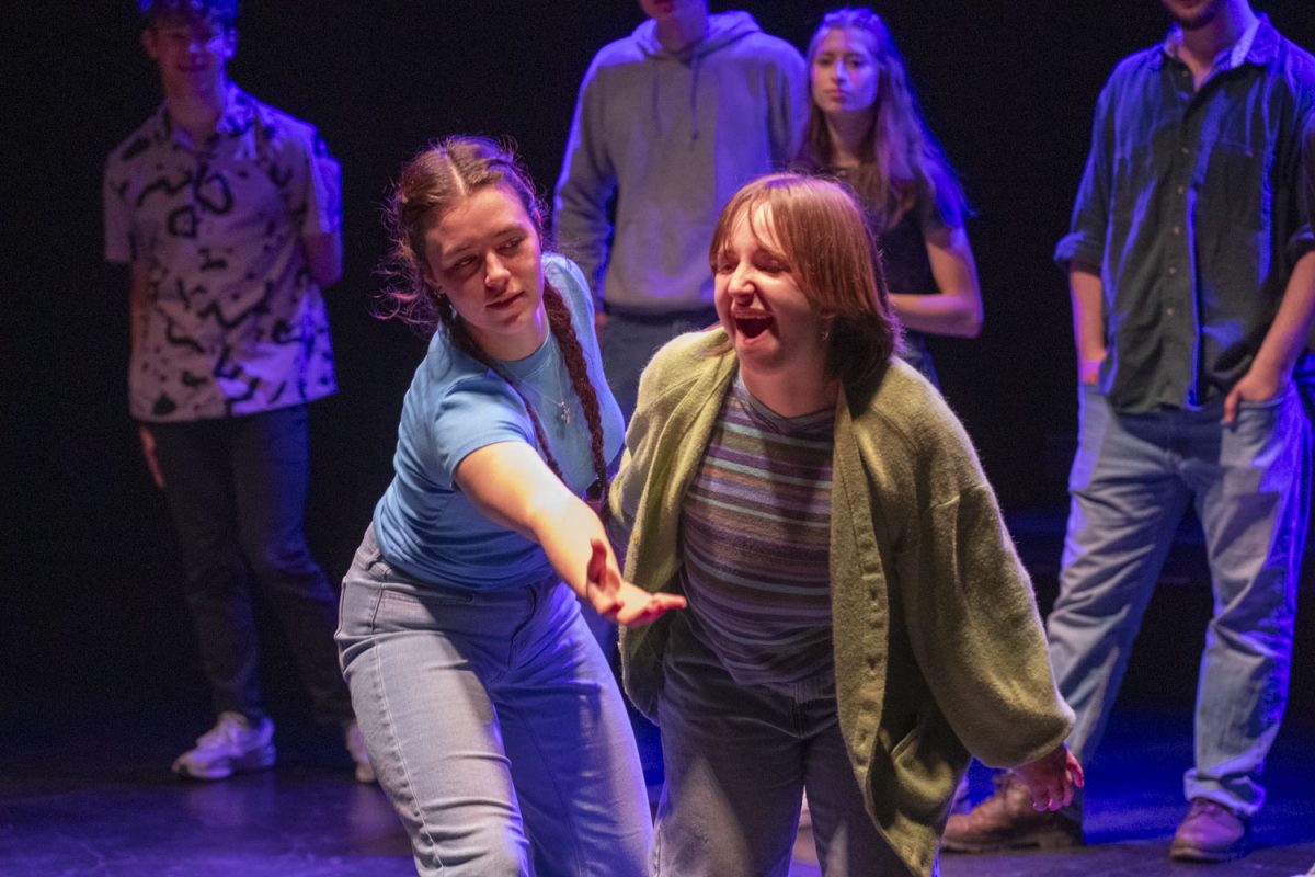 Cecilia Oberdoerster and MK Shultz perform during an improv comedy show by Iowa City-based improv team Paperback Rhino at the James Theater on Thursday, March 7, 2024. (Ava Neumaier/ The Daily Iowan).