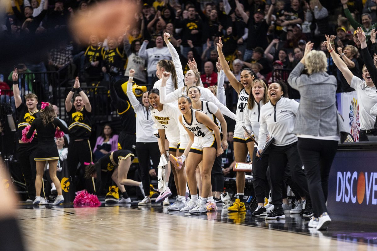Iowa+celebrates+during+a+basketball+game+between+No.+2+Iowa+and+No.+6+Michigan+at+the+TIAA+Big+Ten+Women%E2%80%99s+Basketball+Tournament+at+Target+Center+in+Minneapolis%2C+Minn.%2C+on+Saturday%2C+March+9%2C+2024.