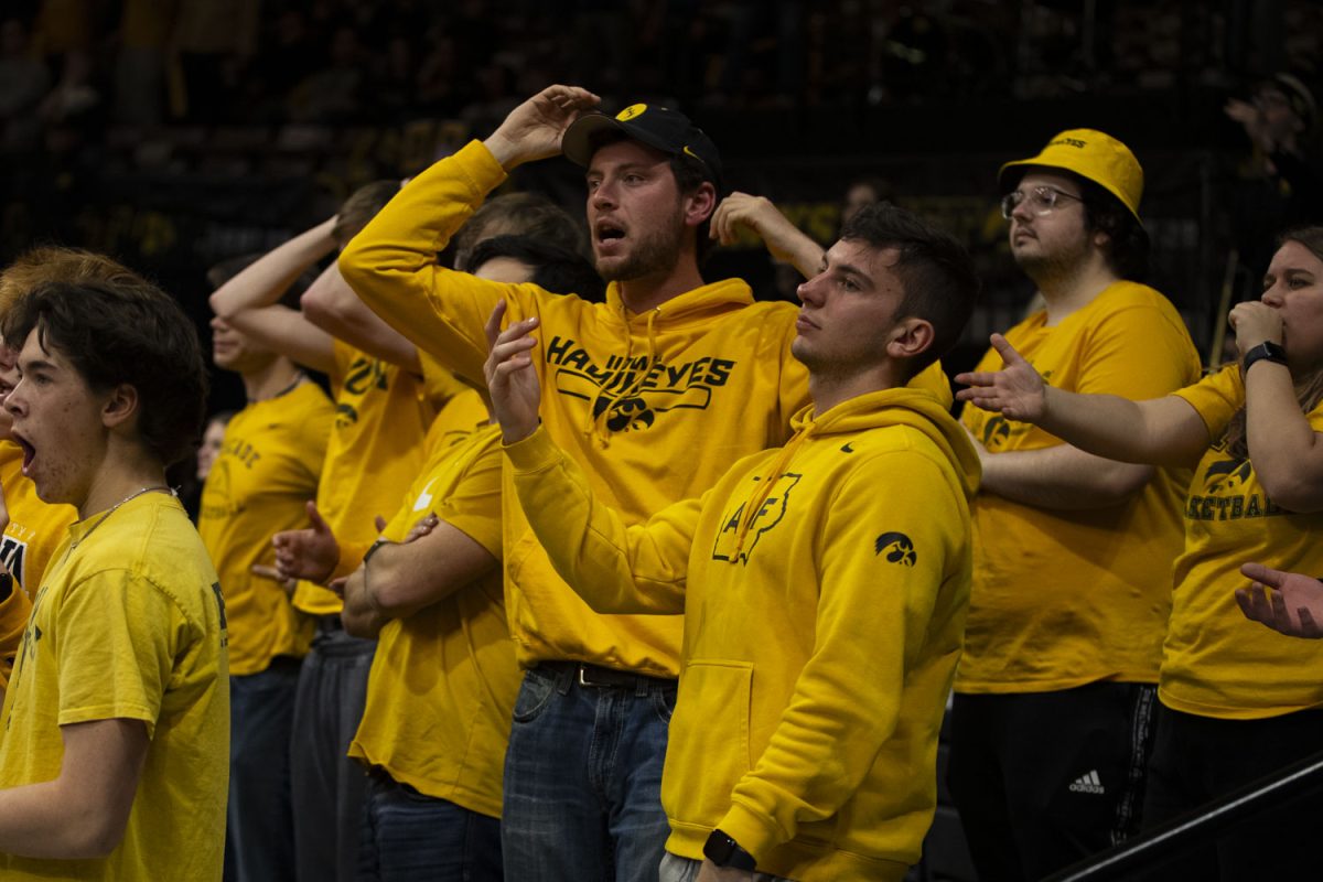 Iowa fans react to the officials call during a men’s basketball game between Iowa and Illinois in Carver-Hawkeye Arena on Sunday, March 10, 2024. Illinois beat Iowa 73-61.