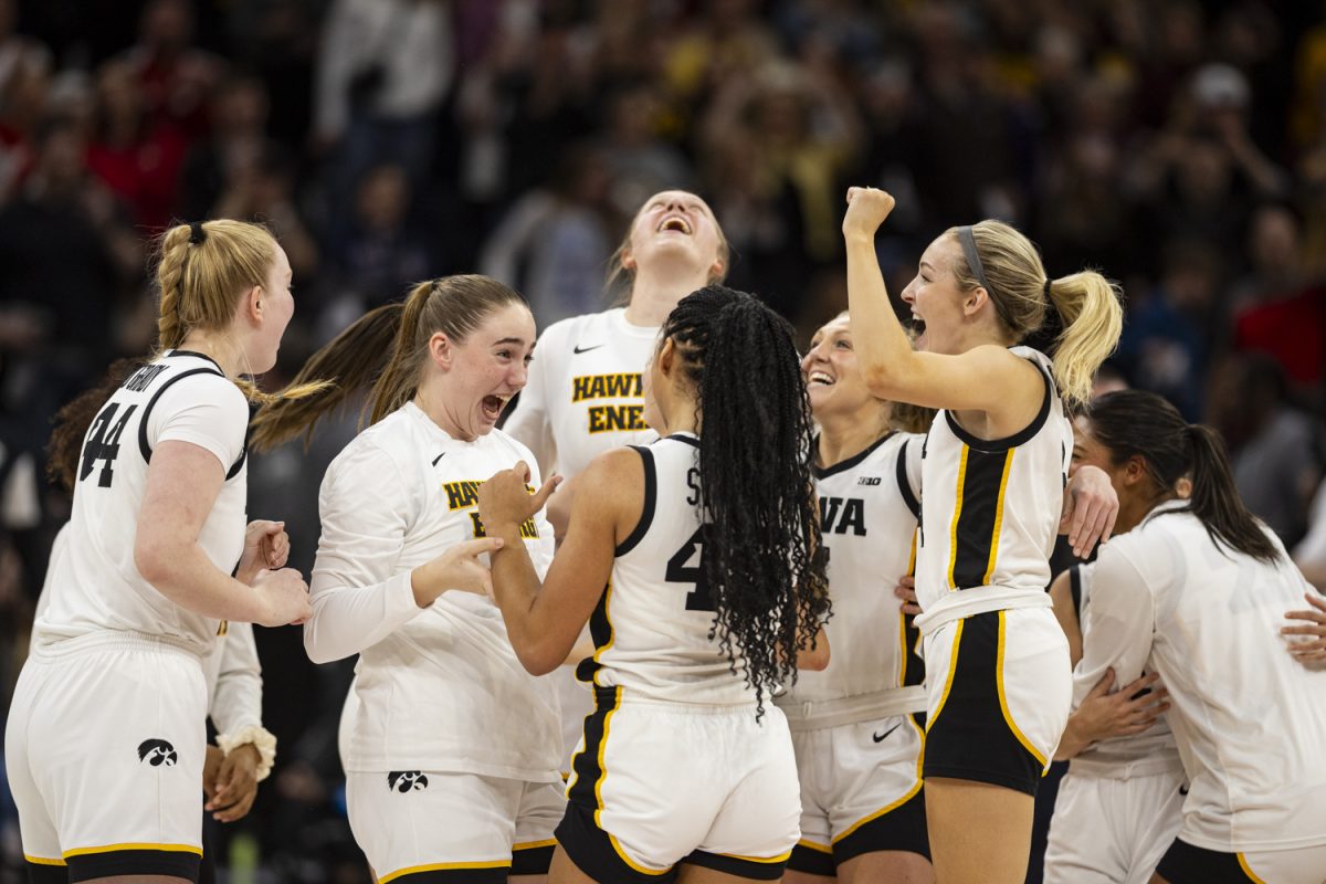 Members+of+the+Iowa+basketball+team+celebrate+during+a+basketball+game+between+No.+2+Iowa+and+No.+5+Nebraska+at+the+TIAA+Big+Ten+Women%E2%80%99s+Basketball+Tournament+at+Target+Center+in+Minneapolis%2C+Minn.%2C+on+Sunday%2C+March+10%2C+2024.+The+Hawkeyes+defeated+the+Huskers%2C+94-89.