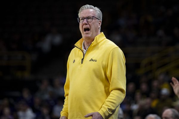 Iowa Head Coach Fran McCaffery yells after a foul call during a men’s basketball game between Iowa and Kansas State at the first round of the National Invitation Tournament at Carver-Hawkeye Arena on Tuesday, March 19, 2024. The Hawkeyes defeated the Wildcats, 91-82.
