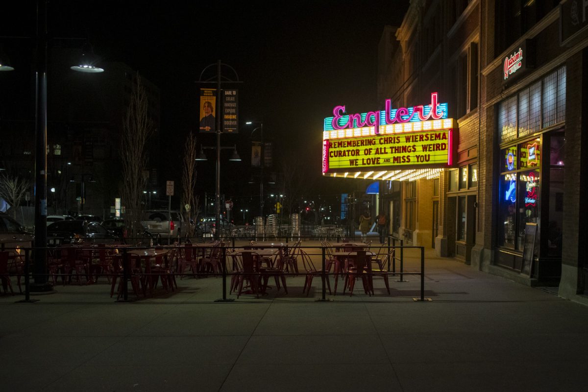 A message for Chris Wiersema is seen on the marquee of the Englert Theatre in Iowa City on Thursday, March 21, 2024. Wiersema was known as the heartbeat of Iowa Citys arts scene by many. 