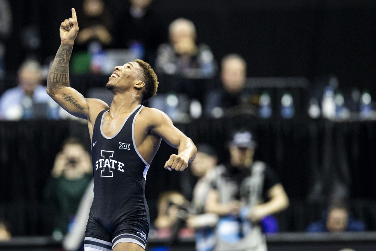 Iowa+State+165-pound+David+Carr+gestures+after+defeating+Missouri+165-pound+Keegan+O%60toole+during+the+fourth+session+of+the+NCAA+men%E2%80%99s+wrestling+championships+at+T-Mobile+Center+in+Kansas+City%2C+Missouri%2C+on+Friday%2C+March+22%2C+2024.+Carr+won+by+decision%2C+8-6.+