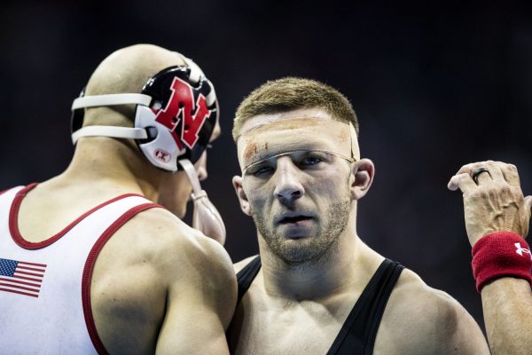 Iowa 157-pound Jared Franek walks off the mat after wrestling Nebraska Peyton Robb during the fifth session of the NCAA men’s wrestling championships at T-Mobile Center in Kansas City, Missouri, on Saturday, March 23, 2024. Robb won by major decision, 11-2 and placed seventh.