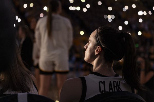Iowa guard Caitlin Clark waits to be introduced during an NCAA Tournament Second Round game between No. 1 Iowa and No. 8 West Virginia at Carver-Hawkeye Arena in Iowa City on Monday, March 25, 2024. The Hawkeyes defeated the Mountaineers, 64-54.
