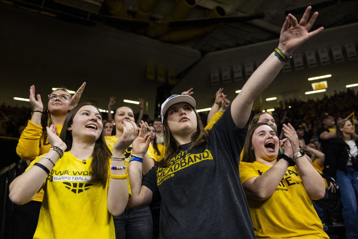 Fans+celebrate+during+an+NCAA+Tournament+Second+Round+game+between+No.+1+Iowa+and+No.+8+West+Virginia+at+Carver-Hawkeye+Arena+in+Iowa+City+on+Sunday%2C+March+24%2C+2024.+The+Hawkeyes+defeated+the+Mountaineers%2C+64-54.
