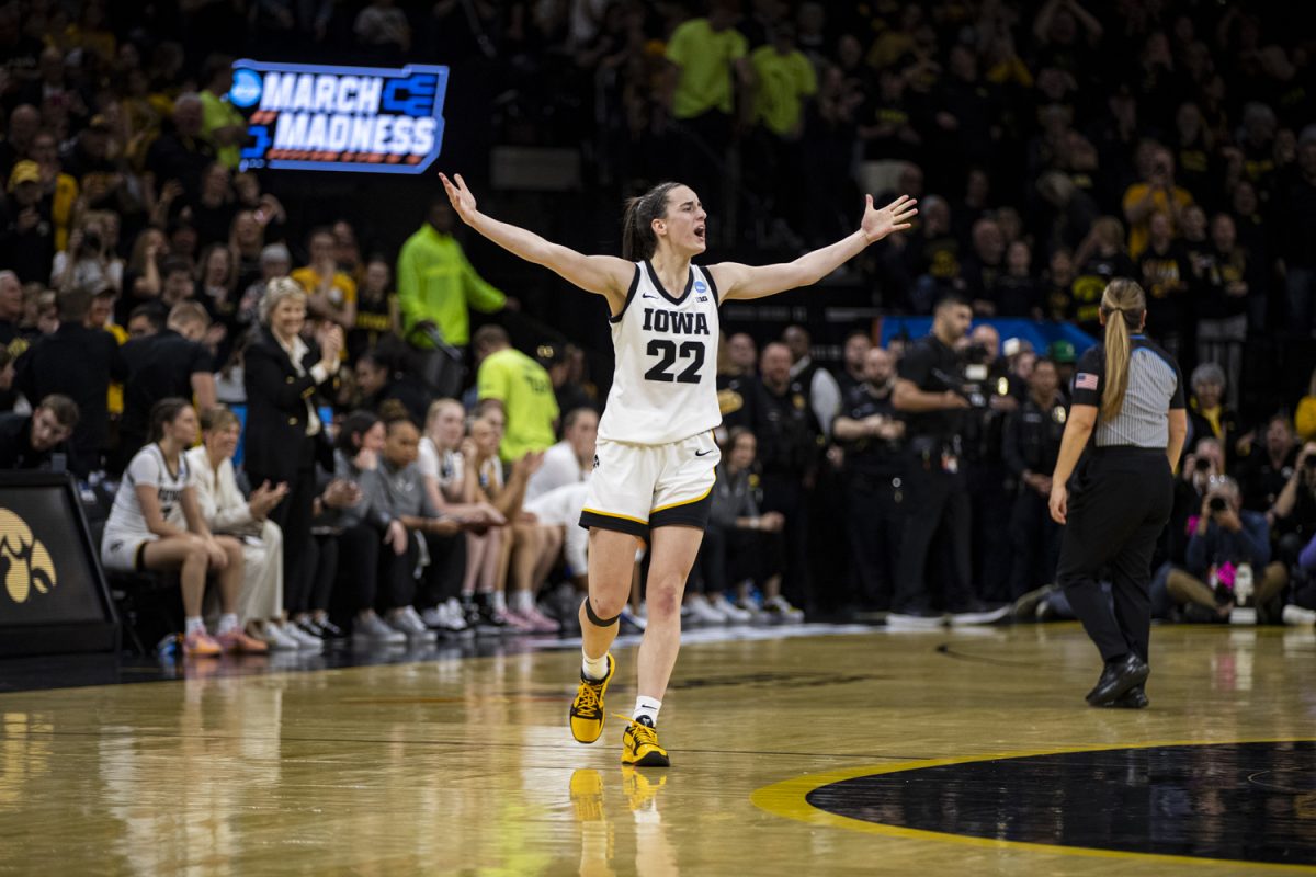 Iowa+guard+Caitlin+Clark+celebrates+during+an+NCAA+Tournament+Second+Round+game+between+No.+1+Iowa+and+No.+8+West+Virginia+at+Carver-Hawkeye+Arena+in+Iowa+City+on+Monday%2C+March+25%2C+2024.+The+Hawkeyes+defeated+the+Mountaineers%2C+64-54.