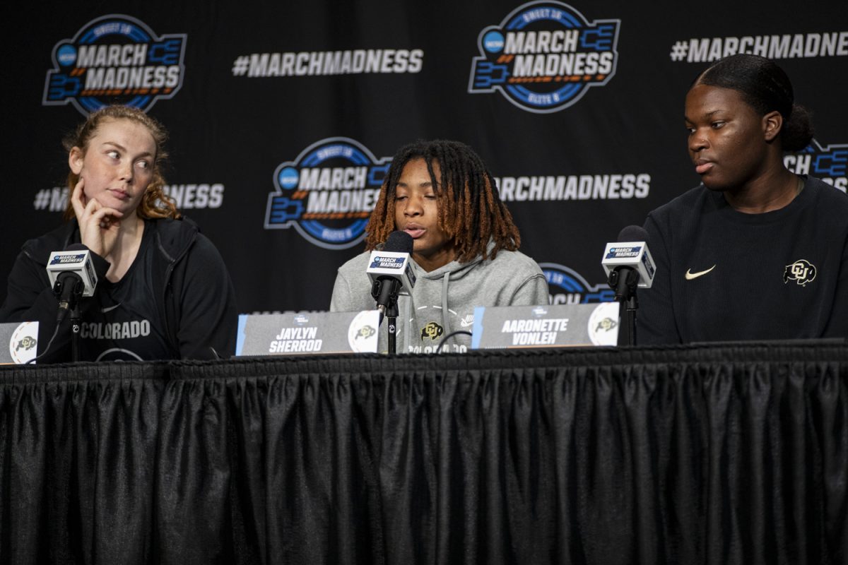 Colorado+guard+Jaylyn+Sherrod+answers+questions+from+reporters+during+a+day+of+press+conferences+and+open+practices+ahead+of+an+NCAA+Tournament+Sweet+Sixteen+game+between+No.+1+Iowa+and+No.+5+Colorado+at+MVP+Arena+in+Albany%2C+N.Y.%2C+on+Friday%2C+March+29%2C+2024.+The+Hawkeyes+and+the+Buffaloes+face+off+Saturday+at+2%3A30+p.m.+CT.