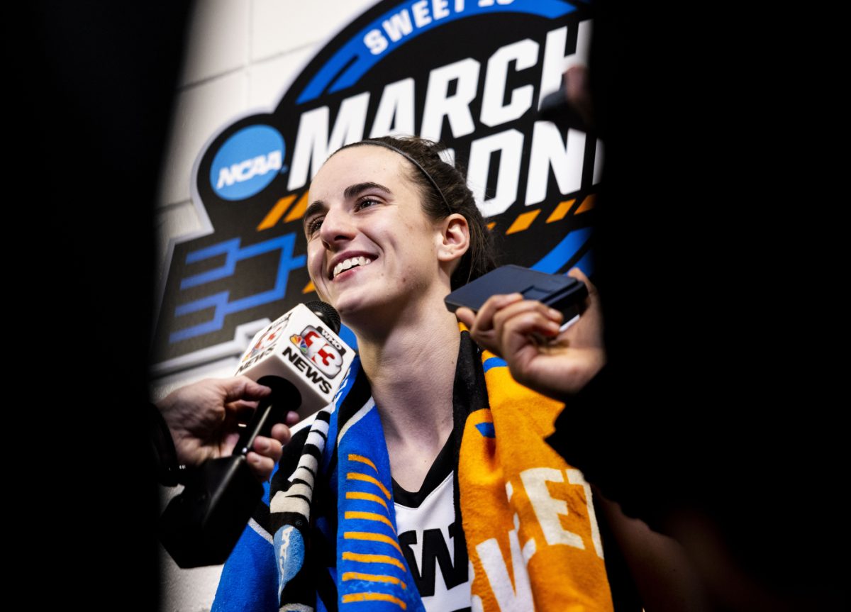 Iowa guard Caitlin Clark smiles after an NCAA Tournament Sweet Sixteen game between No. 1 Iowa and No. 5 Colorado at MVP Arena in Albany, N.Y., on Saturday, March 30, 2024.