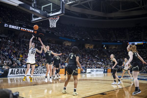 Iowa guard Caitlin Clark goes in for a layup during a NCAA Tournament Sweet Sixteen game between No. 1 Iowa and No. 5 Colorado at MVP Arena in Albany, N.Y., on Saturday, March 30, 2024. (Ayrton Breckenridge/The Daily Iowan)