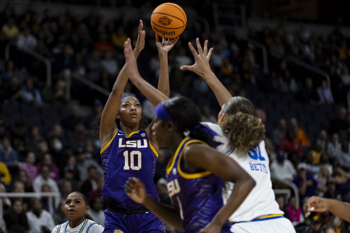 LSU forward Angel Reese shoots the ball during an NCAA Tournament Sweet Sixteen game between No. 2 UCLA and No. 3 LSU at MVP Arena in Albany, N.Y., on Saturday, March 30, 2024. 