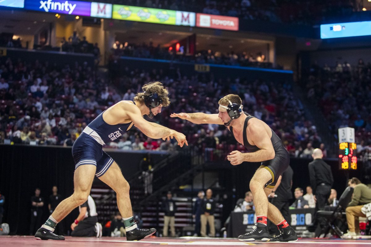 No.+4+157-pound+Iowa%E2%80%99s+Jared+Franek+wrestles+No.+1+Penn+State%E2%80%99s+Levi+Haines+during+session+two+of+the+Big+Ten+Wrestling+Championships+at+the+Xfinity+Center+in+College+Park%2C+MD%2C+on+Saturday%2C+March+9%2C+2024.