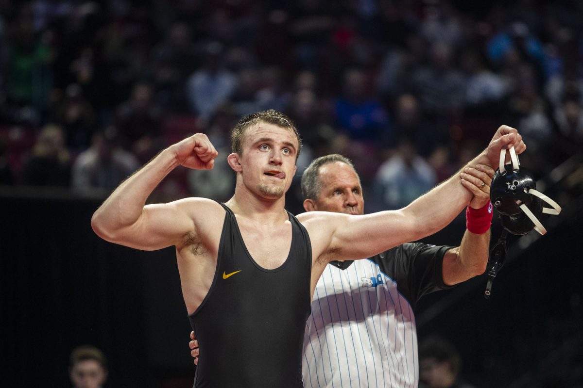 No. 3 197-pound Iowa’s Zach Glazier defeats No. 2 Maryland’s Jaxon Smith during session two of the Big Ten Wrestling Championships at the Xfinity Center in College Park, MD, on Saturday, March 9, 2024.