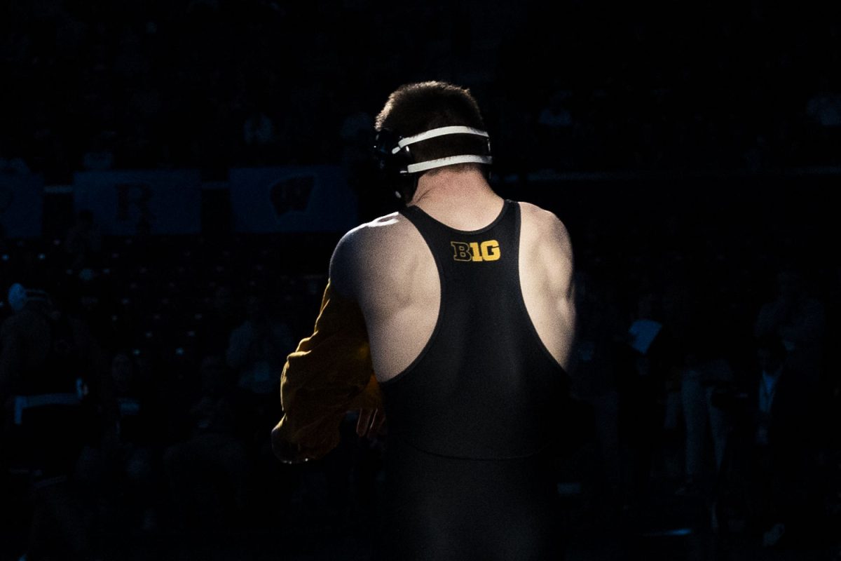 No. 3 197-pound Iowa’s Zach Glazier enters the arena before taking on No. 1 Penn State’s Aaron Brooks in the championship match during session four of the Big Ten Wrestling Championships at the Xfinity Center in College Park, MD, on Saturday, March 9, 2024. Brooks defeated Glaizer by technical fall.