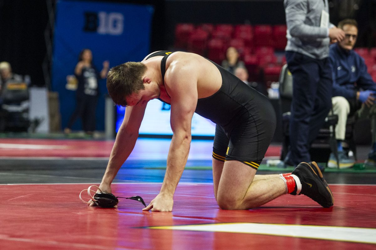 No. 3 197-pound Iowa’s Zach Glazier is defeated by No. 1 Penn State’s Aaron Brooks in the championship match during session four of the Big Ten Wrestling Championships at the Xfinity Center in College Park, MD, on Saturday, March 9, 2024. Brooks defeated Glaizer by technical fall.