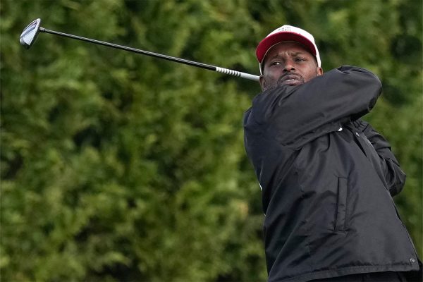 Feb 5, 2023; Pebble Beach, California, USA; ScHoolboy Q hits his tee shot on the sixteenth hole during the third round of the AT&T Pebble Beach Pro-Am golf tournament at Pebble Beach Golf Links.