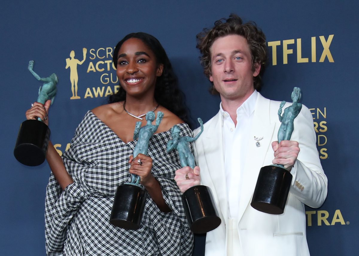 Feb 24, 2024; Los Angeles, CA, USA; Ayo Edebiri and Jeremy Allen White, winners of the Outstanding Performance by a Female and Male Actor in a Comedy Series and Outstanding Performance by an Ensemble in a Comedy Series for The Bear at the Screen Actors Guild Awards on Saturday, Feb. 24, 2024 at The Shrine Auditorium and Expo Hall in Los Angeles.. Mandatory Credit: Dan MacMedan-USA TODAY