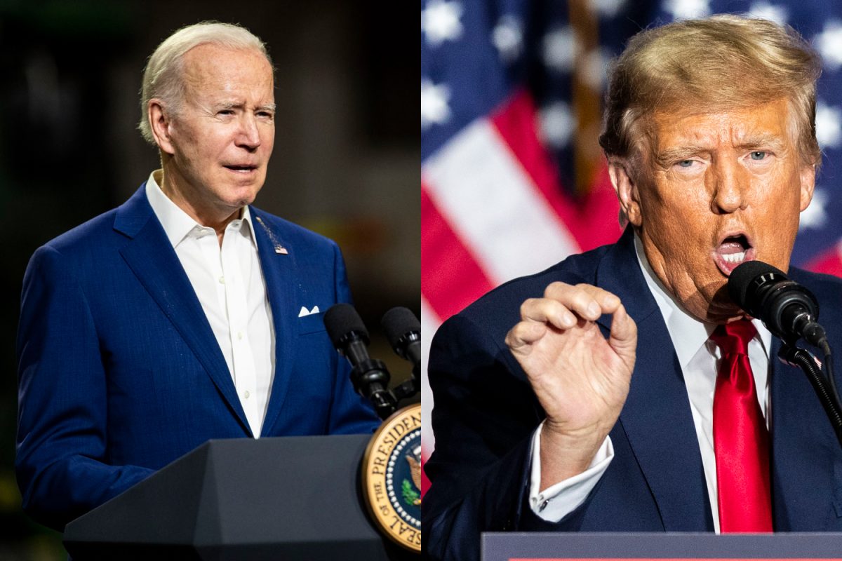 (Left) President Joe Biden speaks during his visit at the POET Bioprocessing ethanol plant in Menlo, Iowa, on Tuesday, April 12, 2022. (Right) Former President Donald Trump speaks during his caucus night watch party at the Iowa Events Center in Des Moines on Monday, Jan. 15, 2024. Republican voters assembled statewide to participate in the caucuses despite the cold and extreme winter weather across the state. Trump’s early victory and dominant position before the start of caucus night proved to be true as 51 percent of Republicans voted for Trump’s appearance in the 2024 presidential election as of 10:20 p.m. At the event, Trump spoke to over 300 supporters at his watch party about his goals and putting America first.