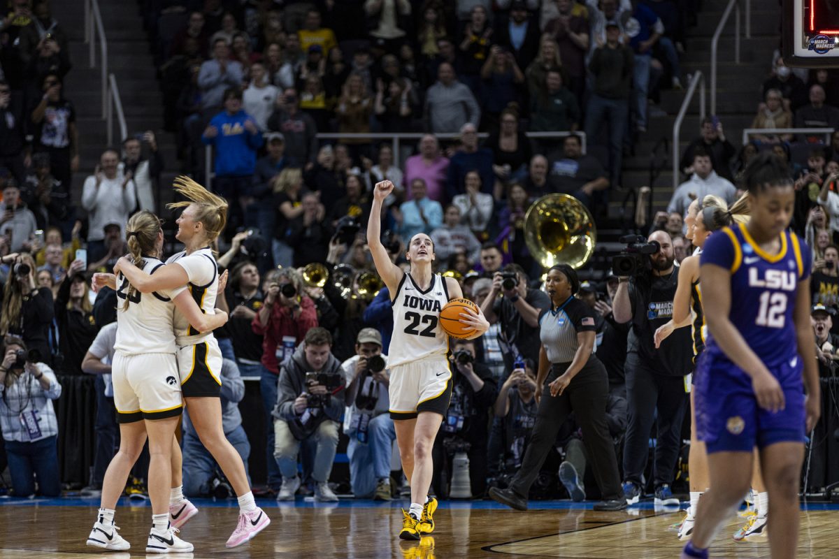 Iowa guard Caitlin Clark celebrates during an NCAA Tournament Elite Eight game between No. 1 Iowa and No. 3 LSU at MVP Arena in Albany, N.Y., on Monday, April 1, 2024. The Hawkeyes defeated the Tigers, 94-87. 