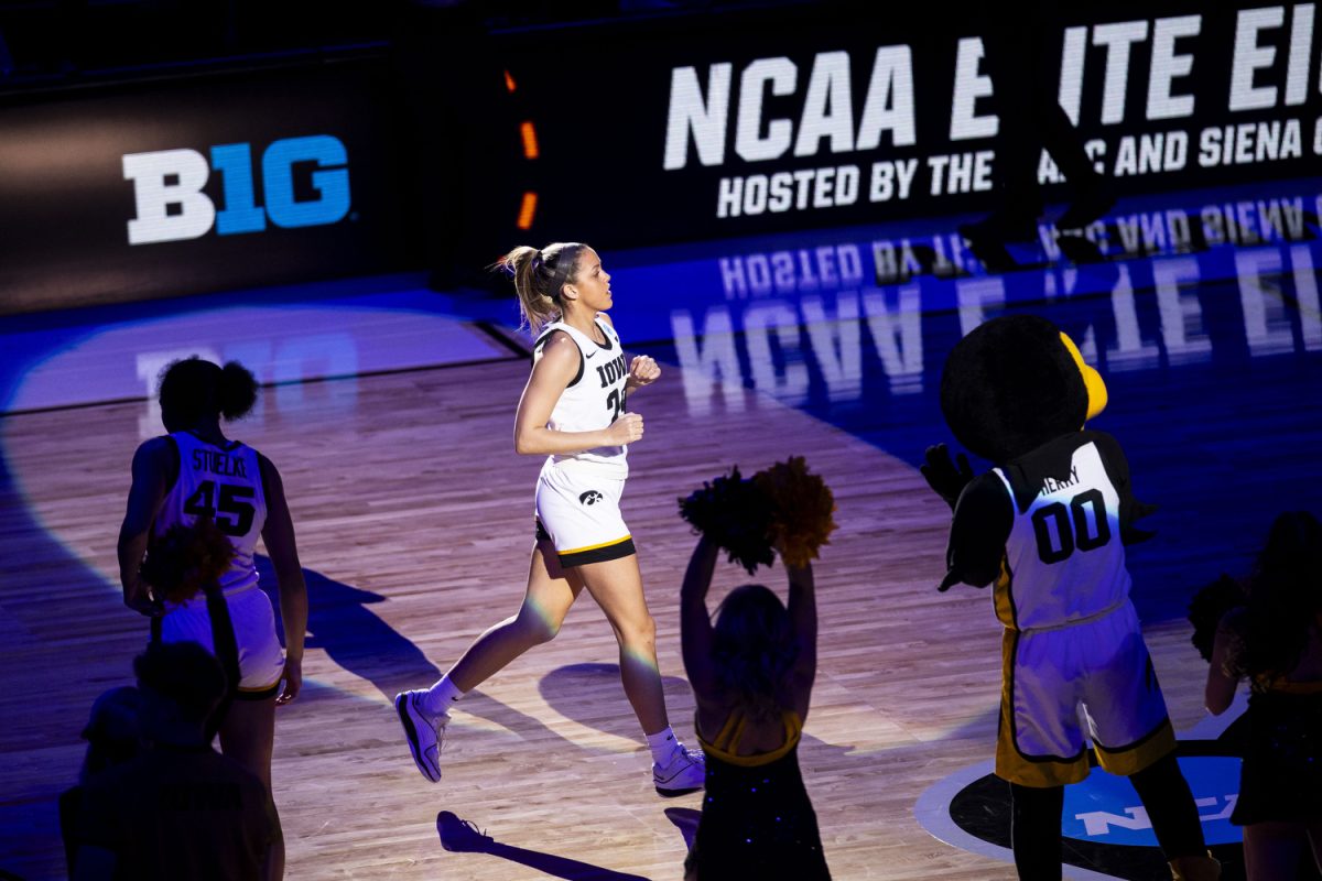Iowa guard Gabbie Marshall gets introduced during an NCAA Tournament Elite Eight game between No. 1 Iowa and No. 3 LSU at the Hilton Hotel in Albany, N.Y., on Monday, April 1, 2024. The Hawkeyes defeated the Tigers, 94-87.