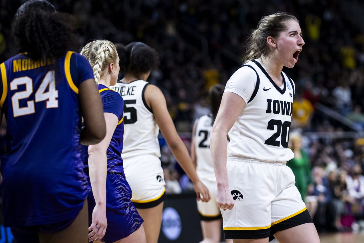 Iowa guard Kate Martin celebrates during an NCAA Tournament Elite Eight game between No. 1 Iowa and No. 3 LSU at the Hilton Hotel in Albany, N.Y., on Monday, April 1, 2024. The Hawkeyes defeated the Tigers, 94-87.