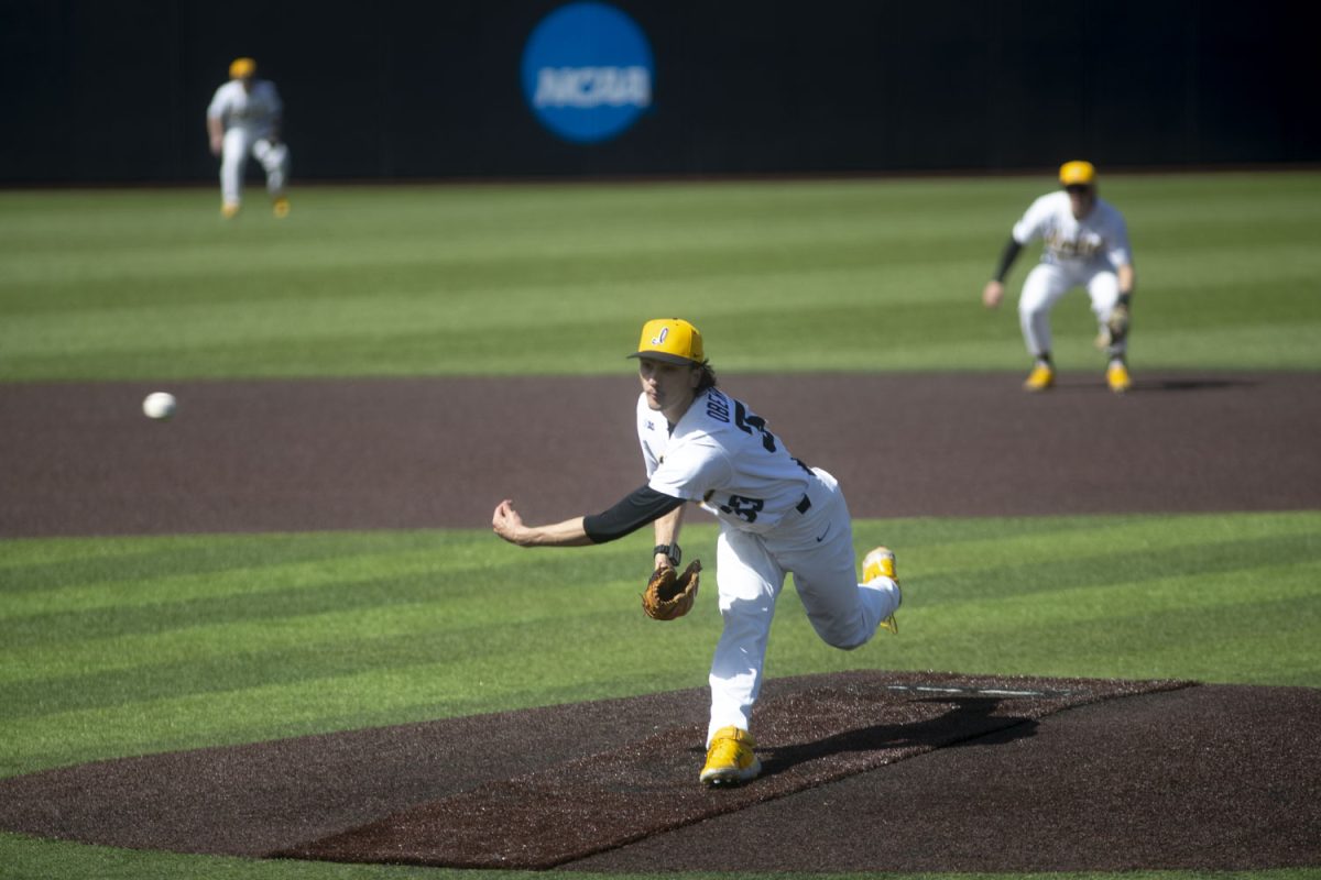Iowa+pitcher+Cade+Obermueller+throws+a+pitch+during+a+baseball+game+between+Michigan+and+Iowa+at+Duane+Banks+Field+in+Iowa+City%2C+Iowa.+The+Hawkeyes+defeated+the+Wolverines+3-2+in+extra+innings.